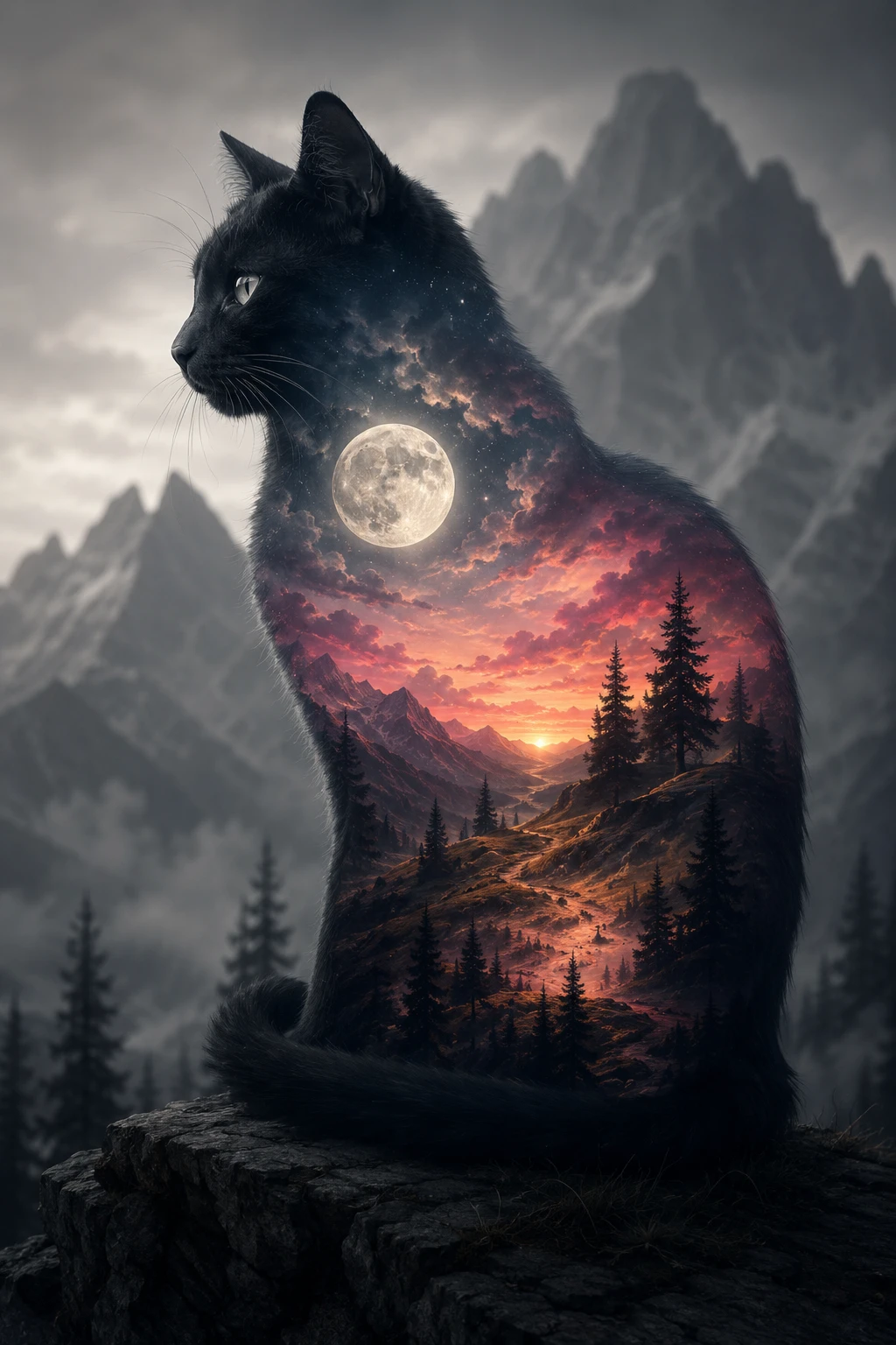 Surreal black cat with glowing body and inner moonlit hills