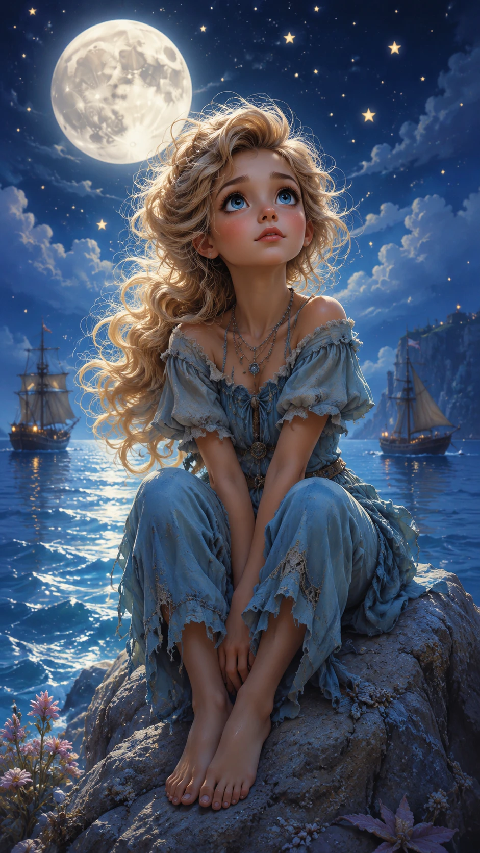 Dreamy blonde girl on a moonlit seaside rock