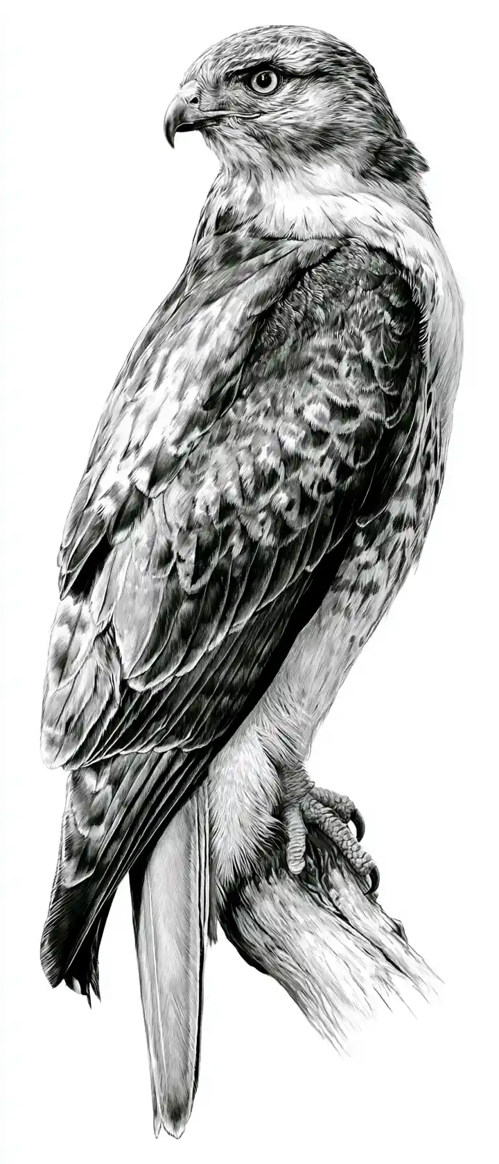 Black and white illustration of a hawk on a branch