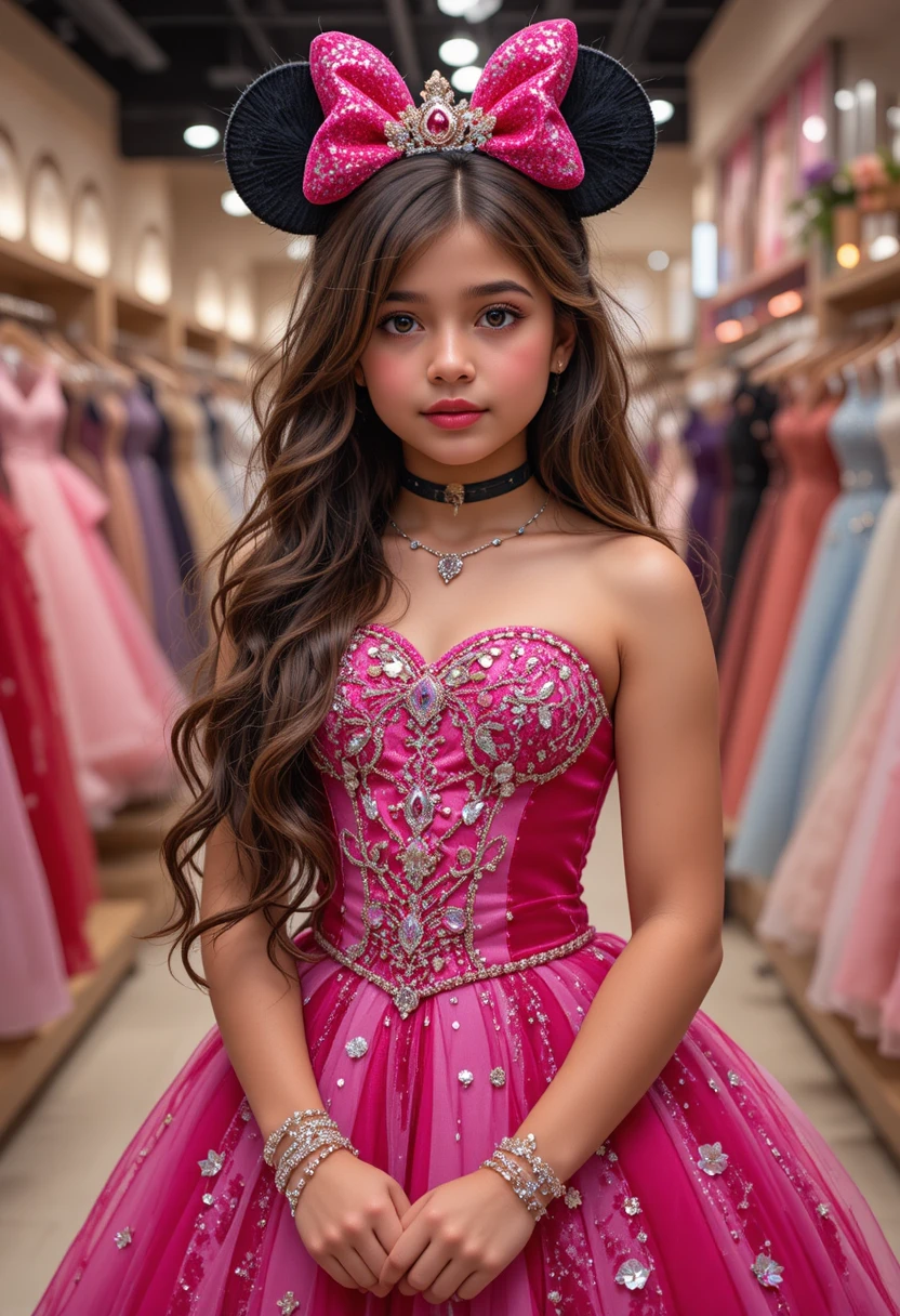 Young girl in pink Minnie gown at dress shop