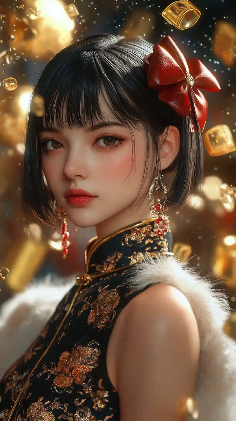 Elegant anime woman in cheongsam with golden ingots