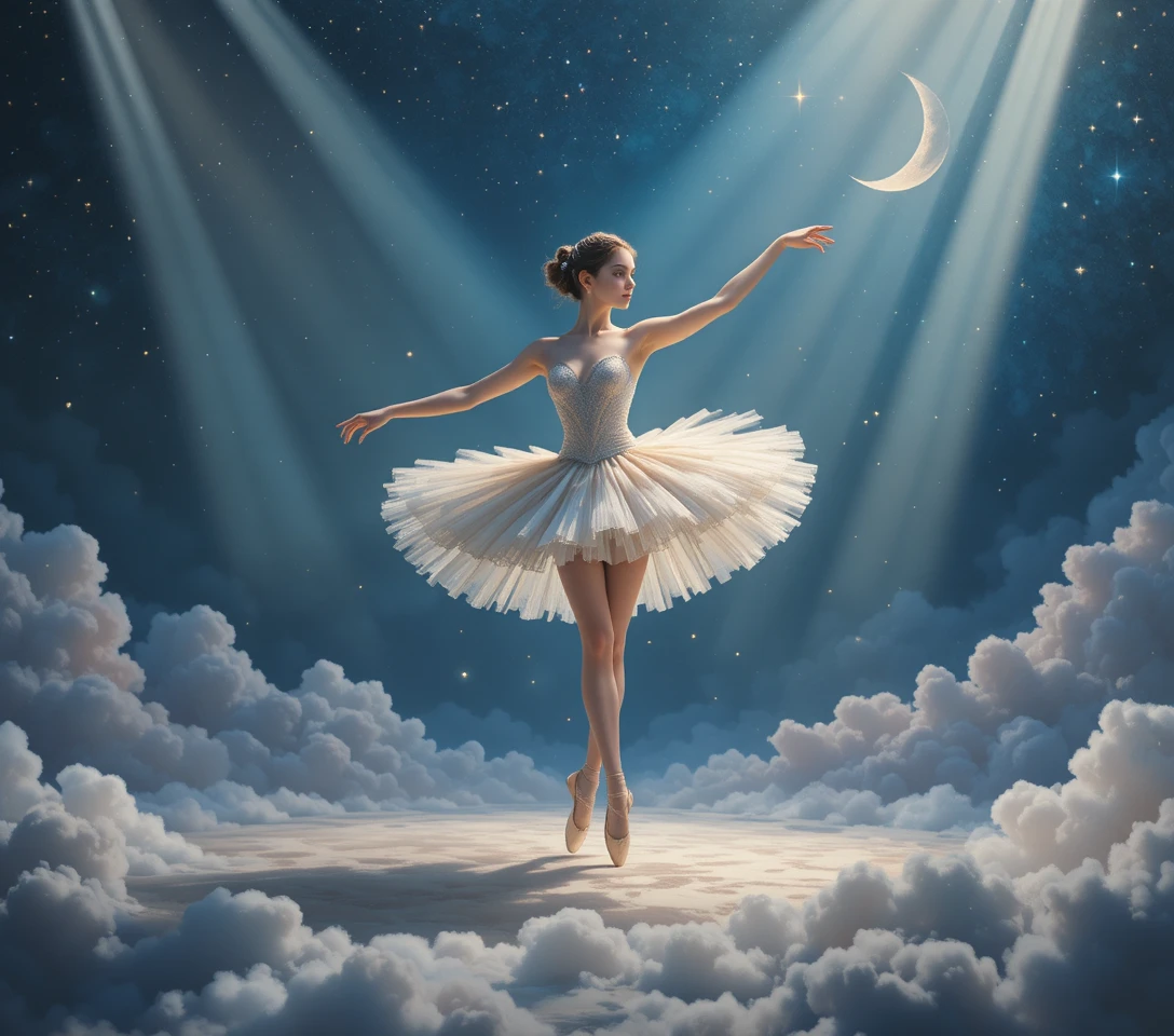 Ballet dancer in a swan like tutu dancing on clouds