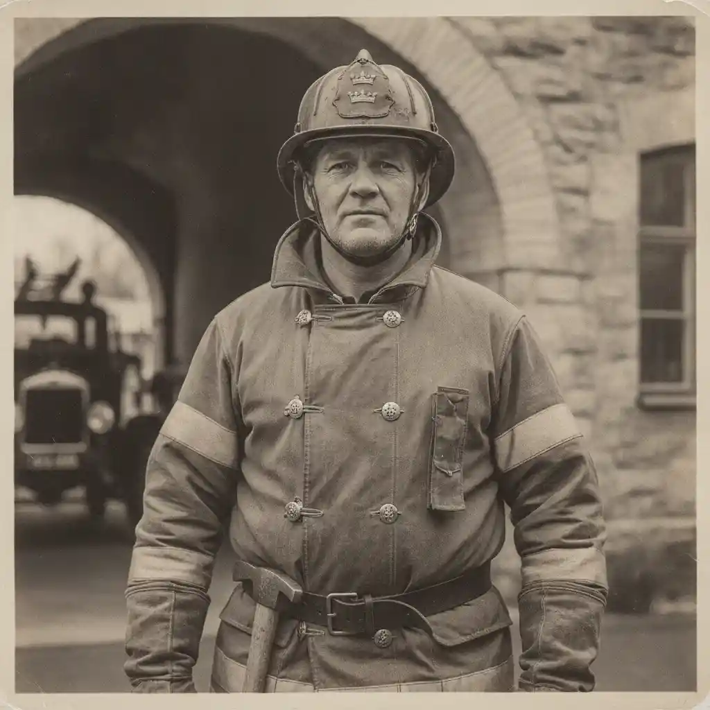 Vintage portrait of a proud Swedish firefighter on duty