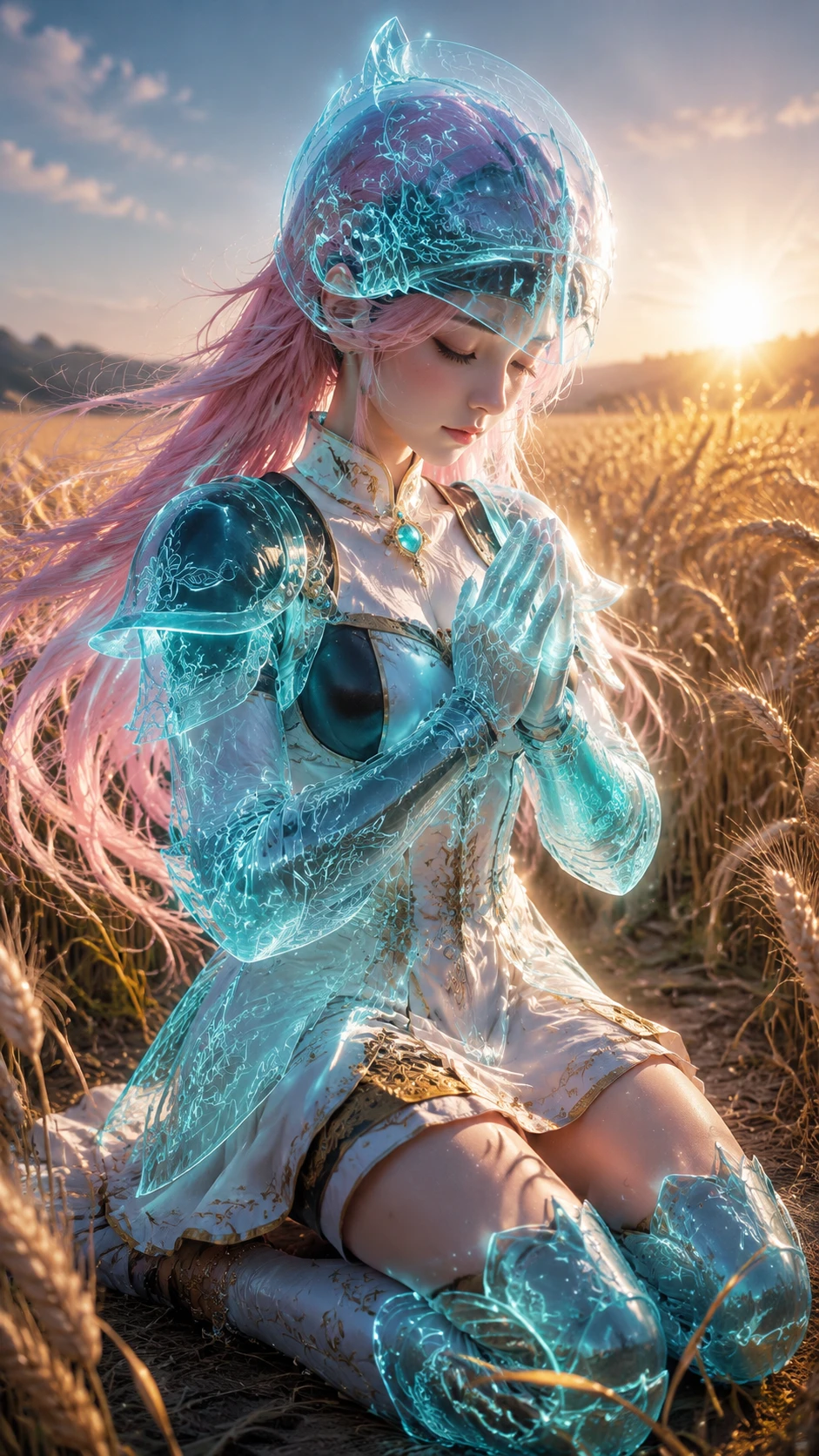 Praying pink haired girl in glowing knight armor at dawn
