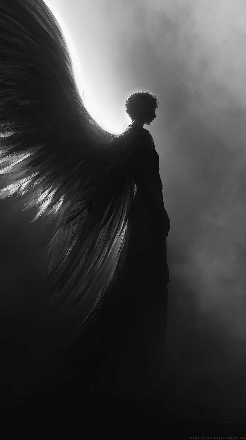 Angelic silhouette with radiant backlit wings in darkness