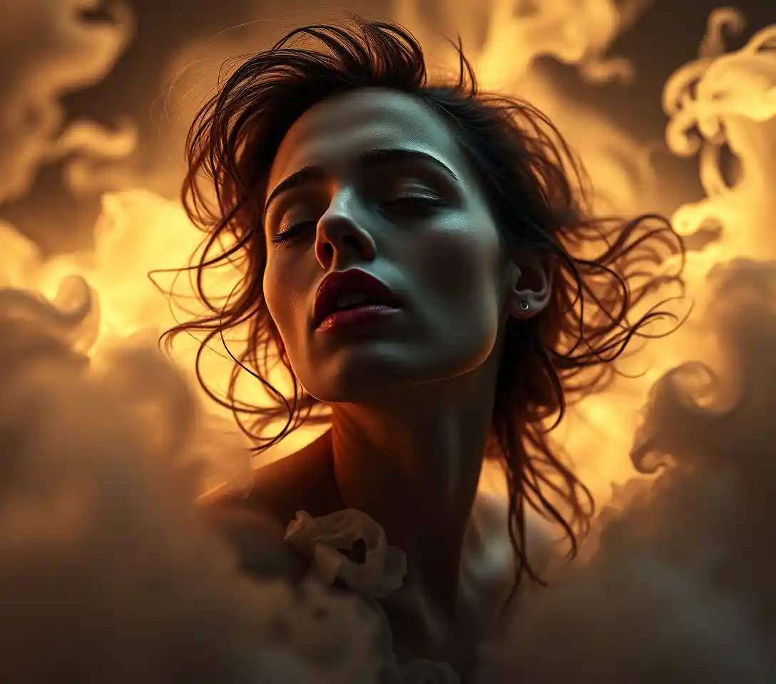 Ethereal woman floating above a misty endless abyss