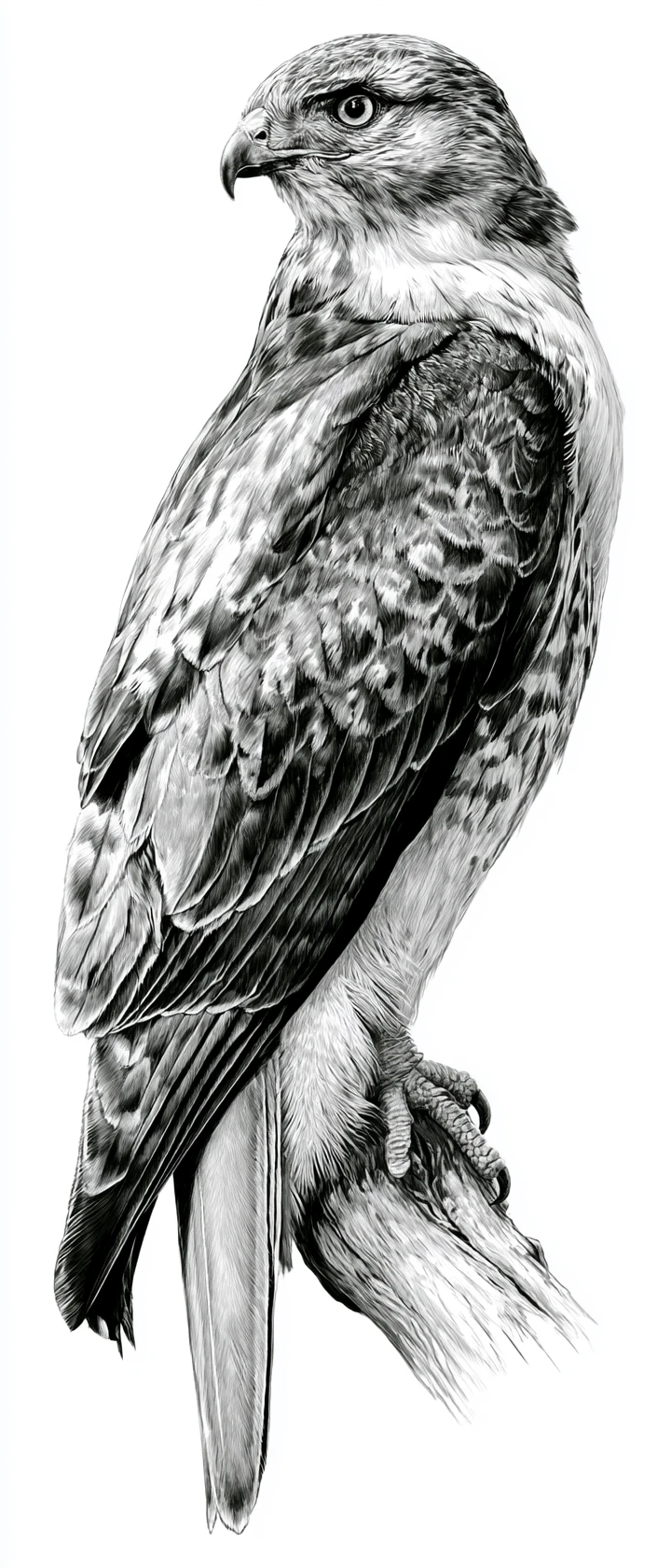 Black and white illustration of a hawk on a branch
