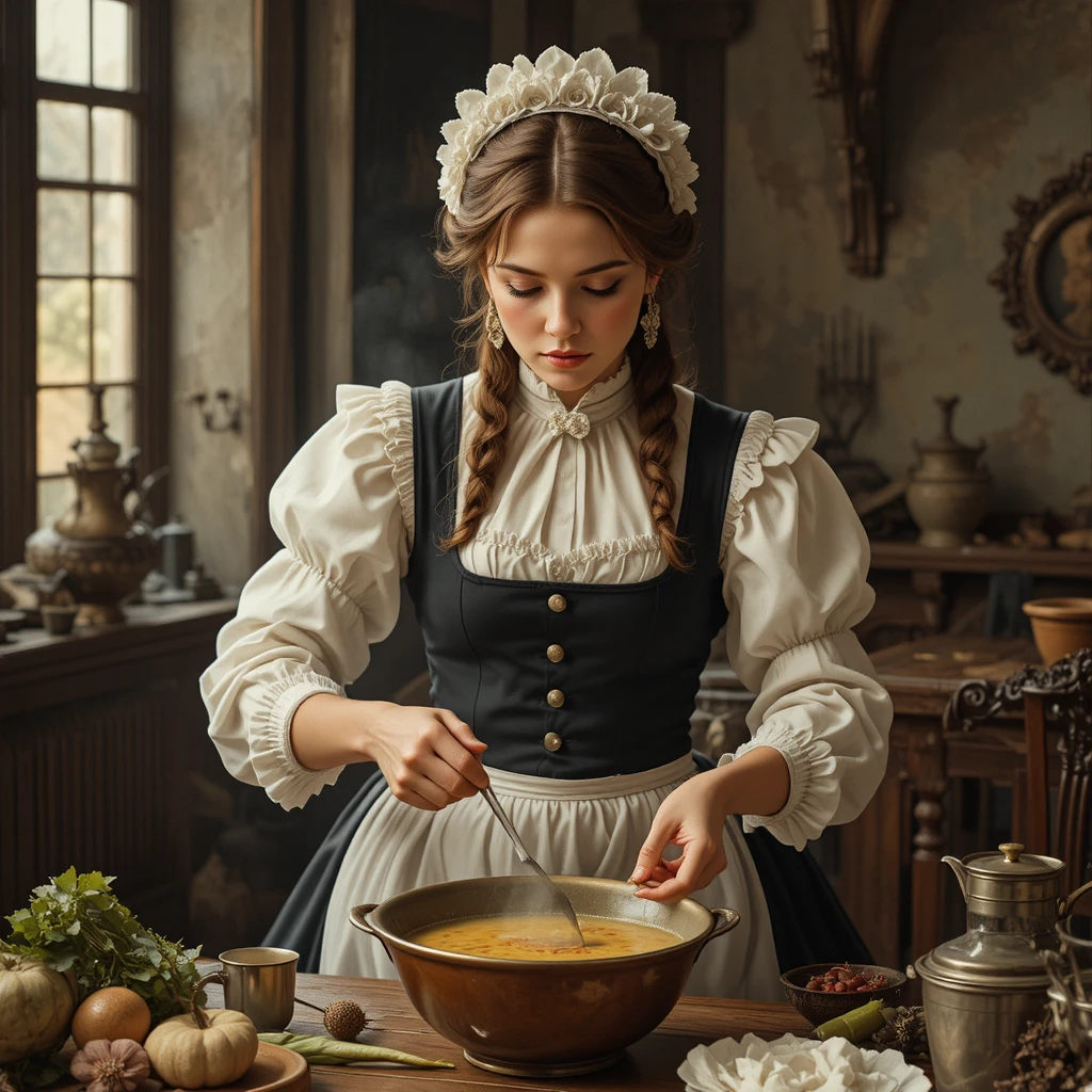 19th century maid preparing soup in a family kitchen
