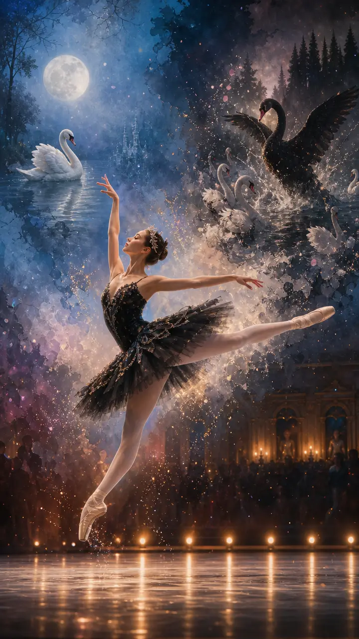 Ballerina leaping gracefully on a grand dreamlike stage