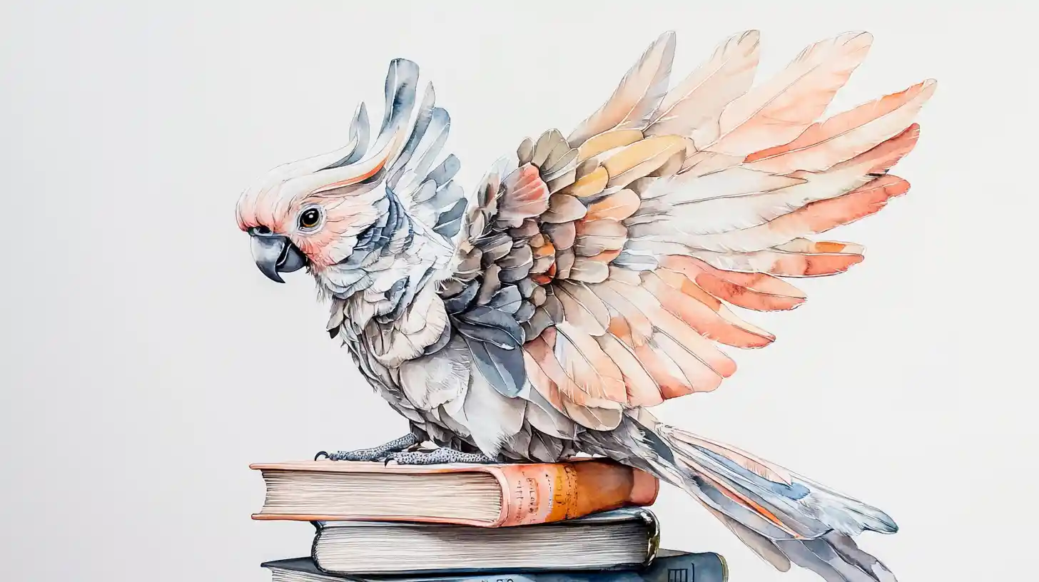 Dreamy watercolor parrot perched on a stack of books