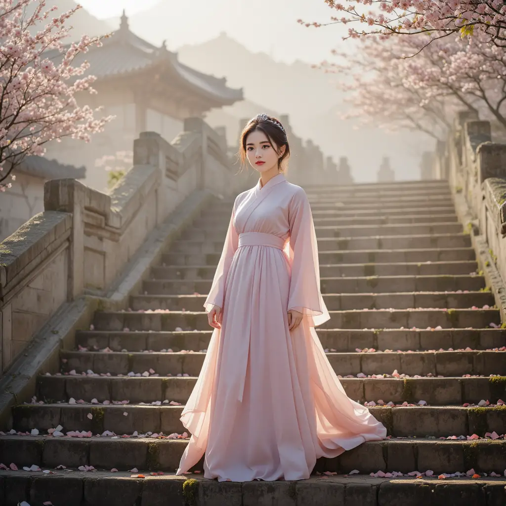 Koreanische Frau im pastellfarbenen Hanbok auf alten Steinstufen
