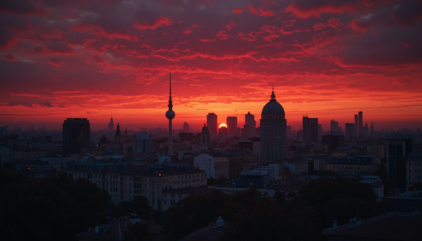 Berlin city skyline in dark silhouette at sunset