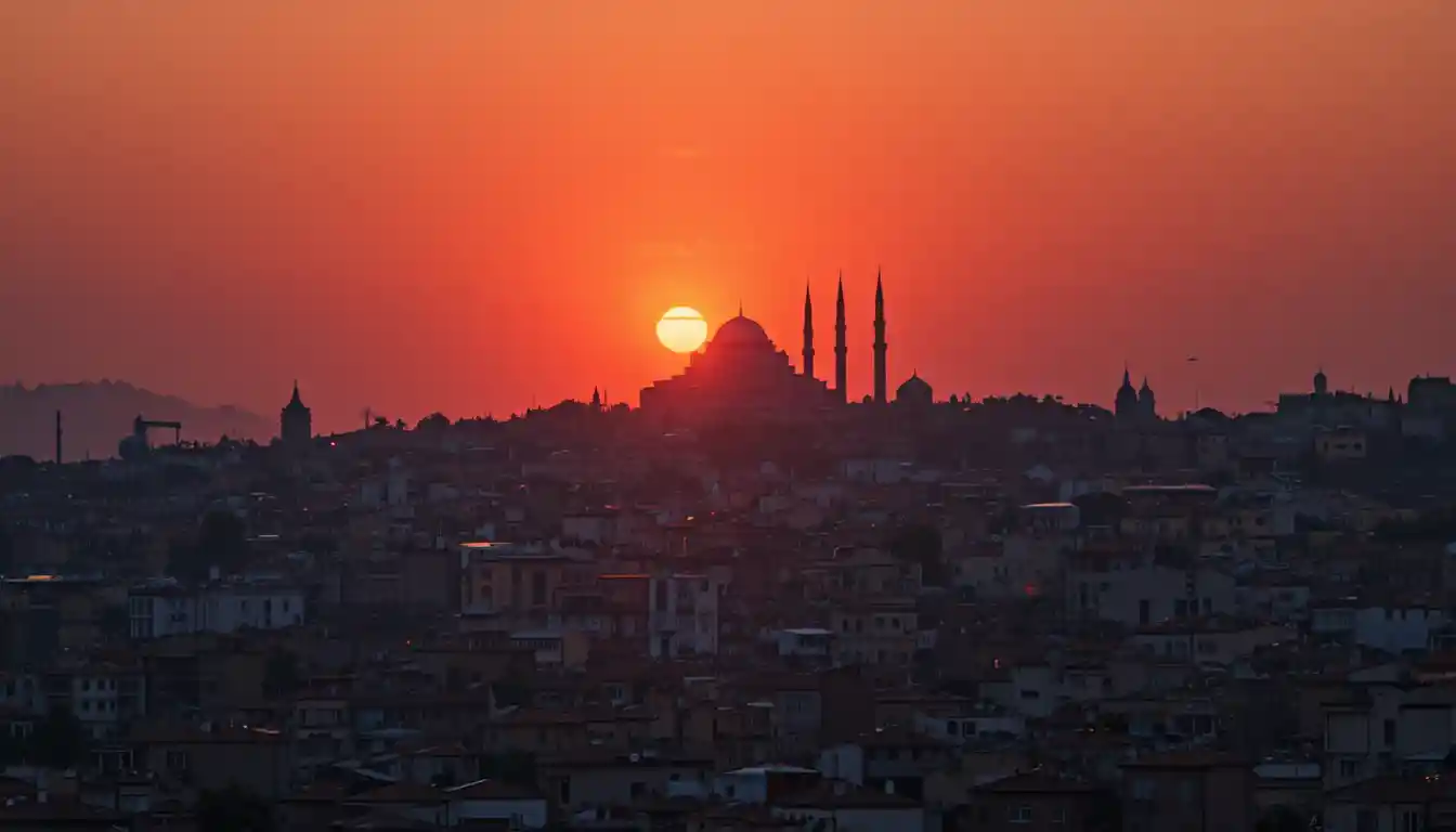 Constantinople cityscape at sunset with illuminated landmark