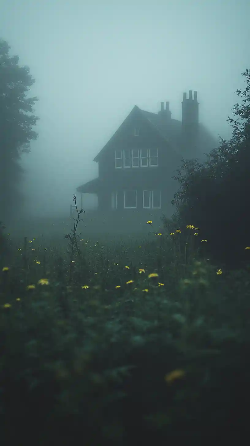 Foggy rural chapel in a quiet Scottish meadow