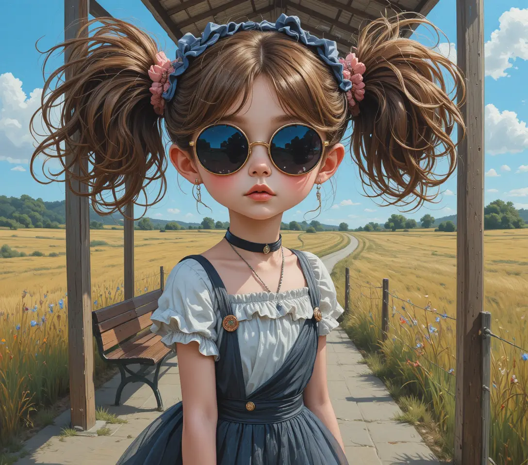 Whimsical girl with sunglasses at a rural bus stop