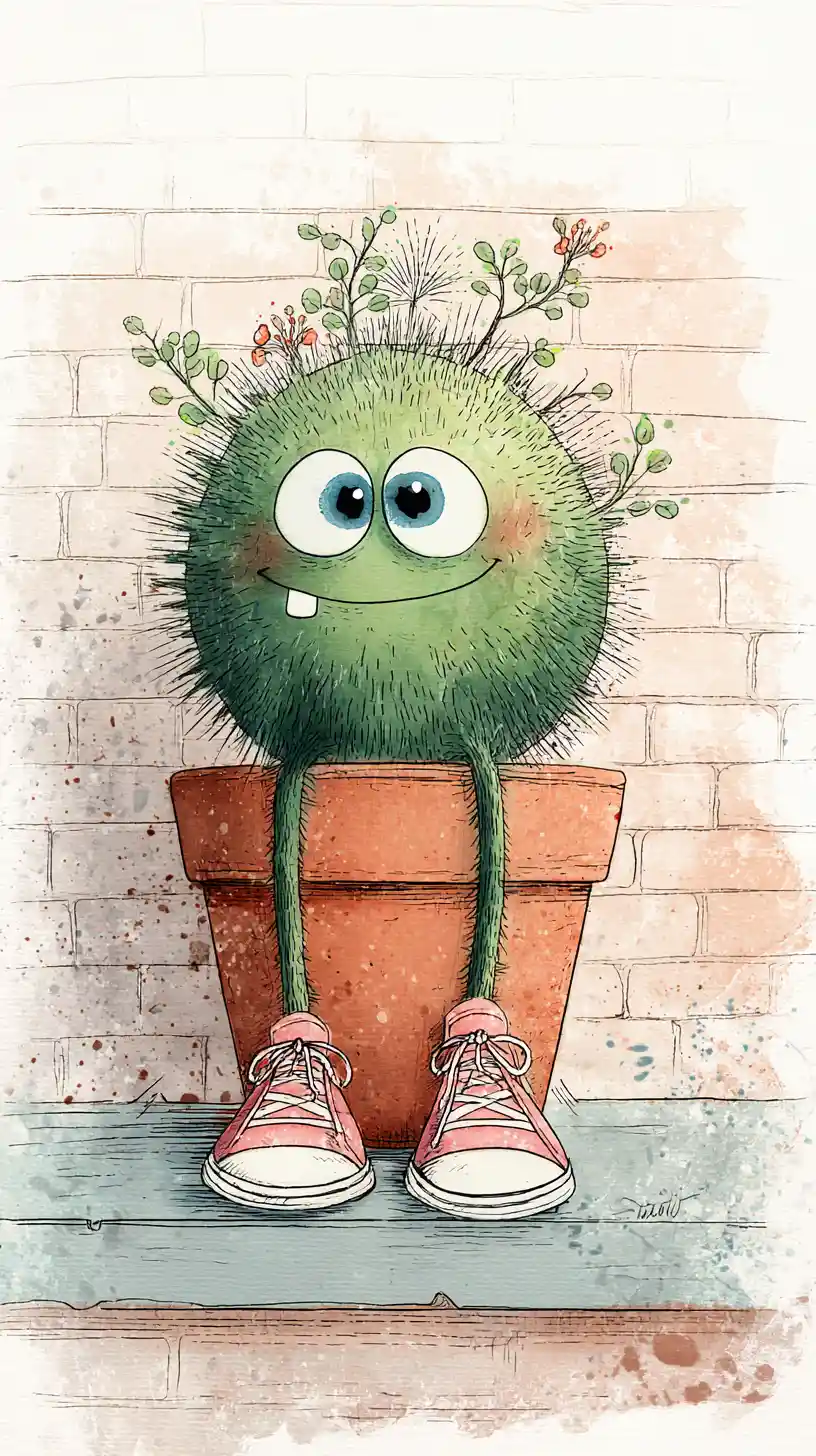Cute cactus character in pot with pink sneakers