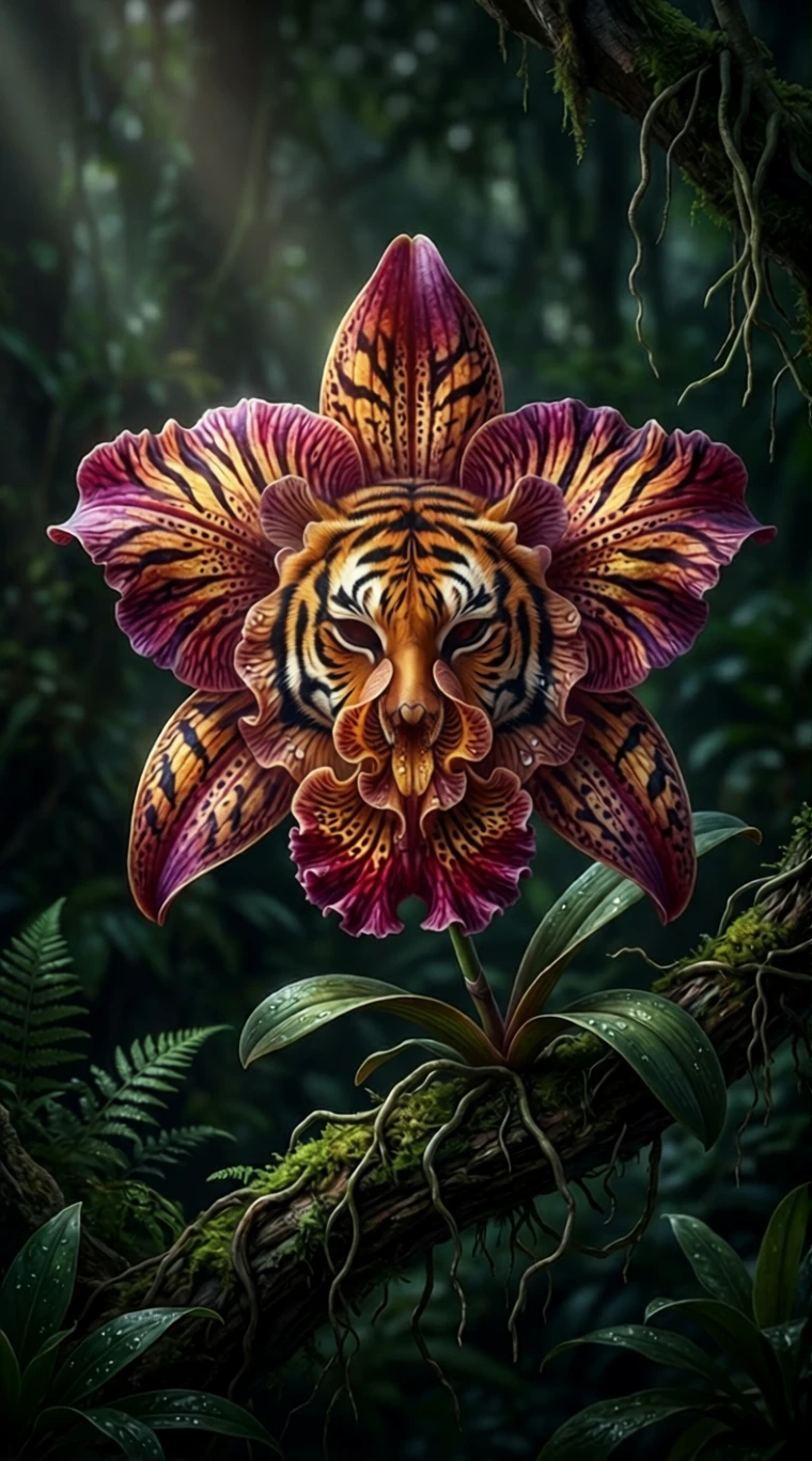 Luminous digital orchid shaped like a tiger face