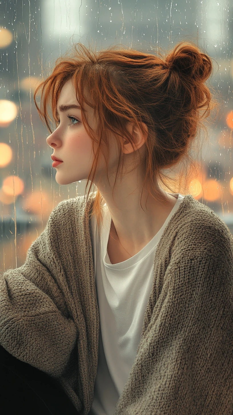 Anime girl in cardigan gazing through rainy window