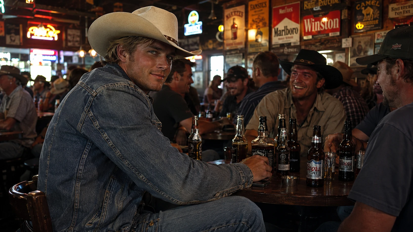 Joven vaquero en una mesa abarrotada de un bar country