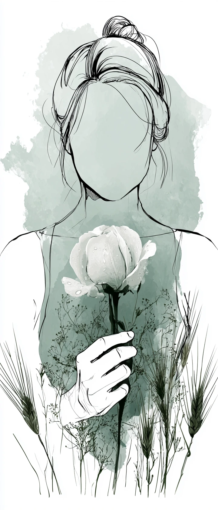Ragazza che tiene una rosa bianca in illustrazione minimalista a inchiostro