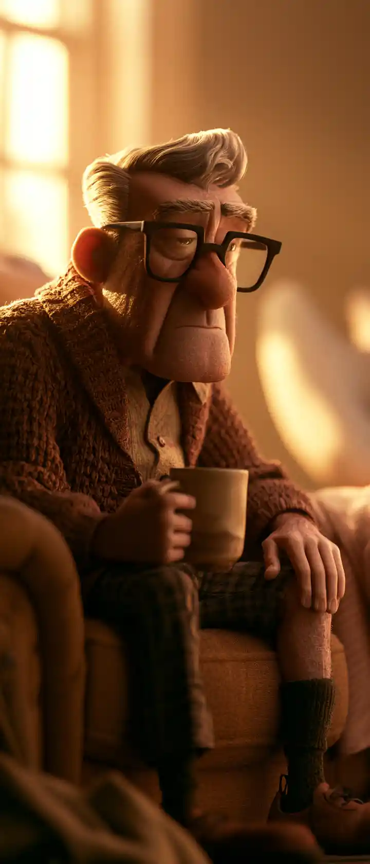 Grandfather Relaxing In Cozy Sunlit Living Room Armchair