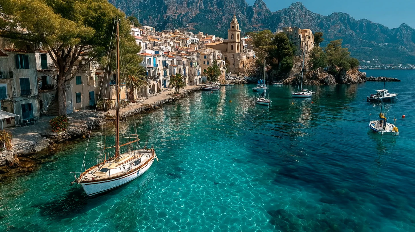 Vista aérea de un pueblo italiano de montaña con puerto