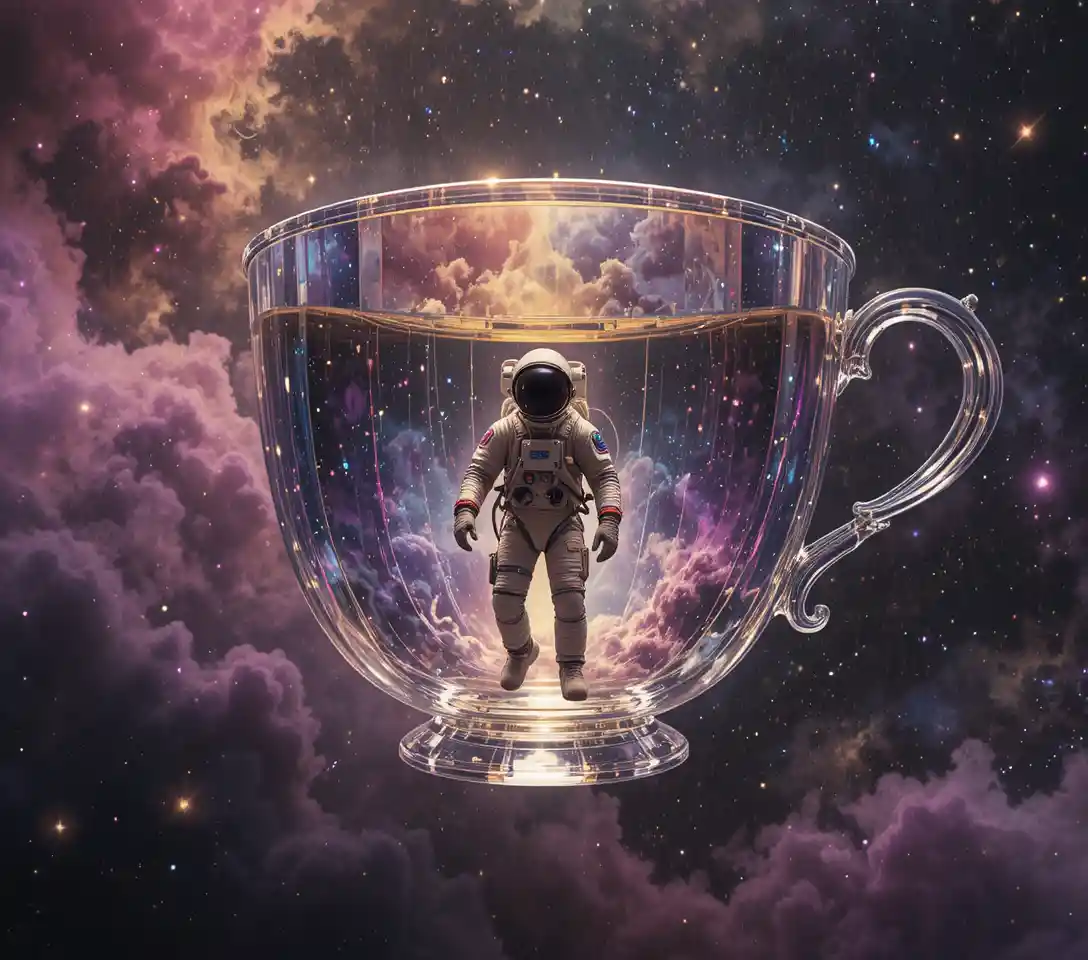 Astronauta alla deriva accanto a un colossale astronave a forma di tazza di cristallo