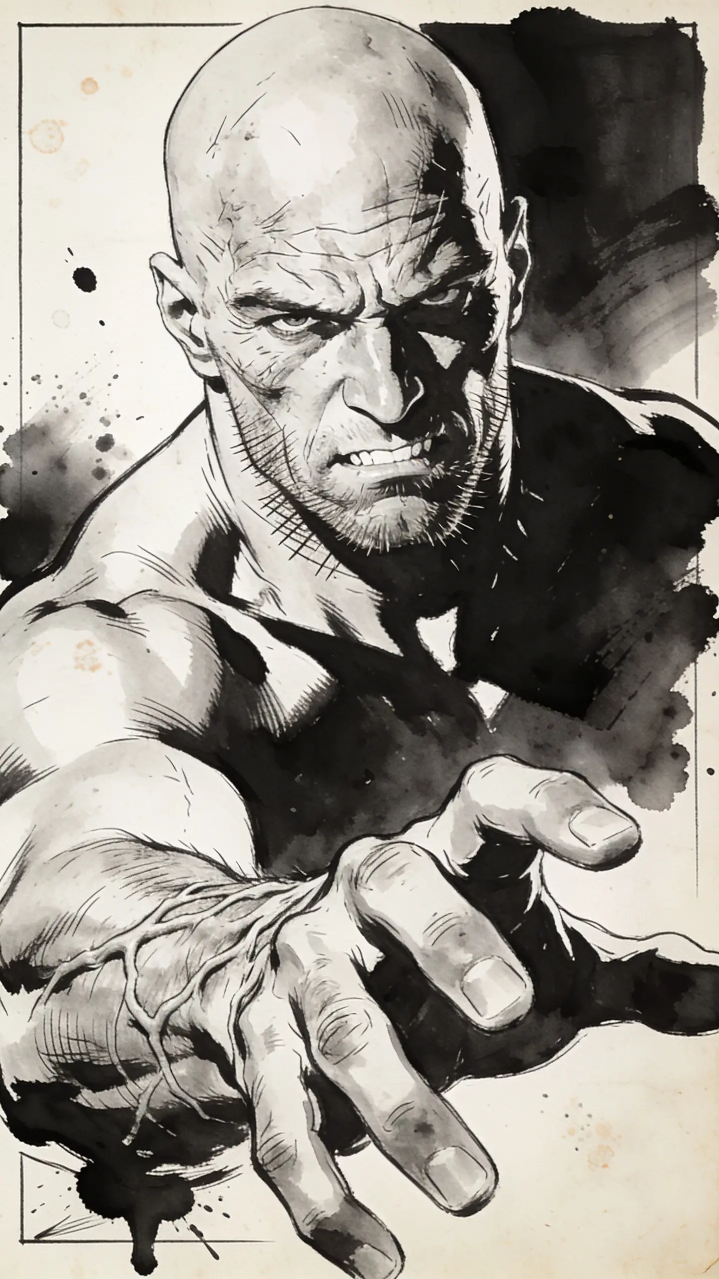 Noir close up of muscular bald man reaching forward