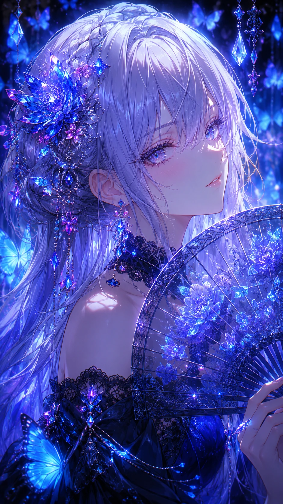 Elegant anime girl with crystal hair ornaments and fan
