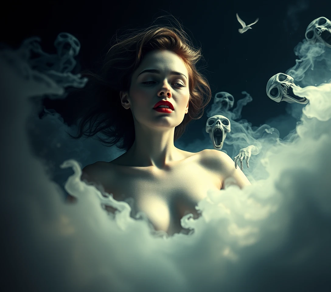 Ethereal woman floating in mist above a dark abyss