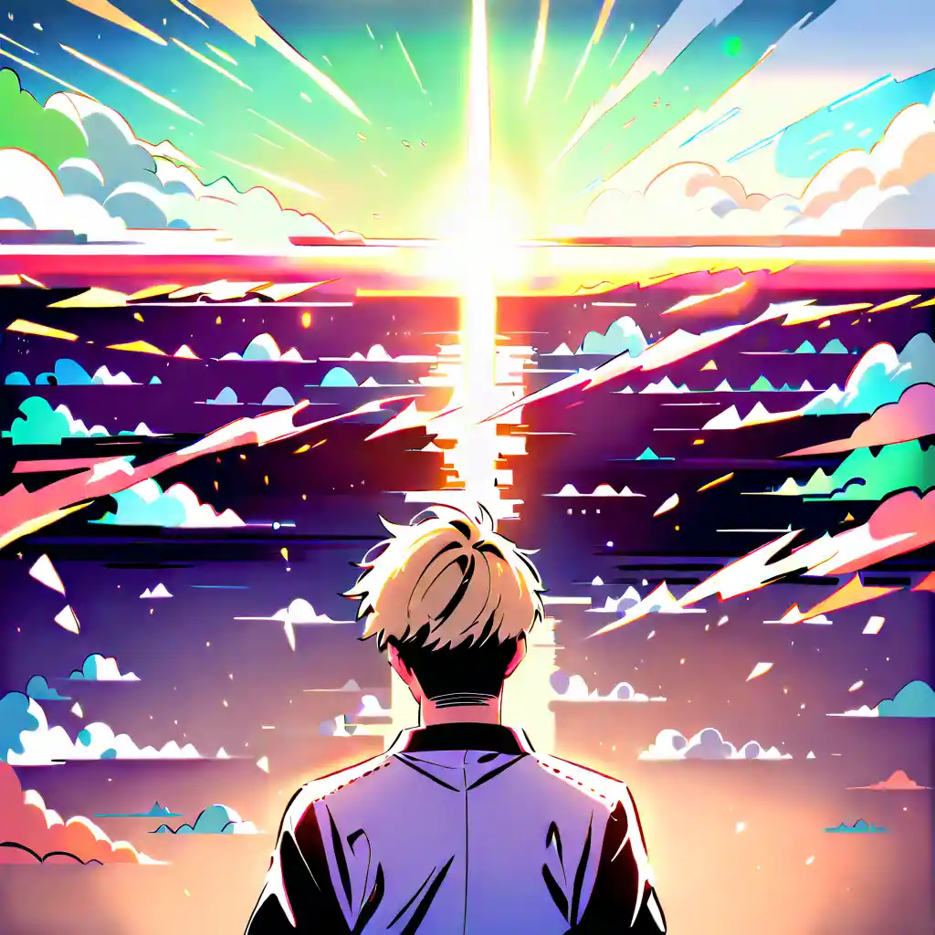 Smiling anime man in green kimono at fantasy sunset