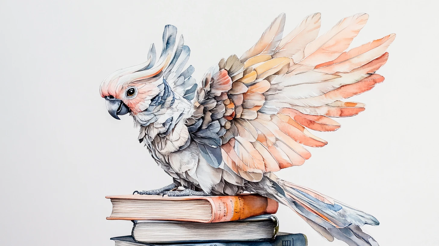 Dreamy watercolor parrot perched on a stack of books