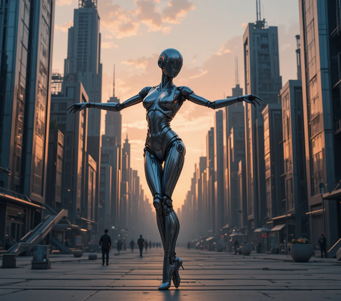 Chrome robot practicing ballet in a lonely future city