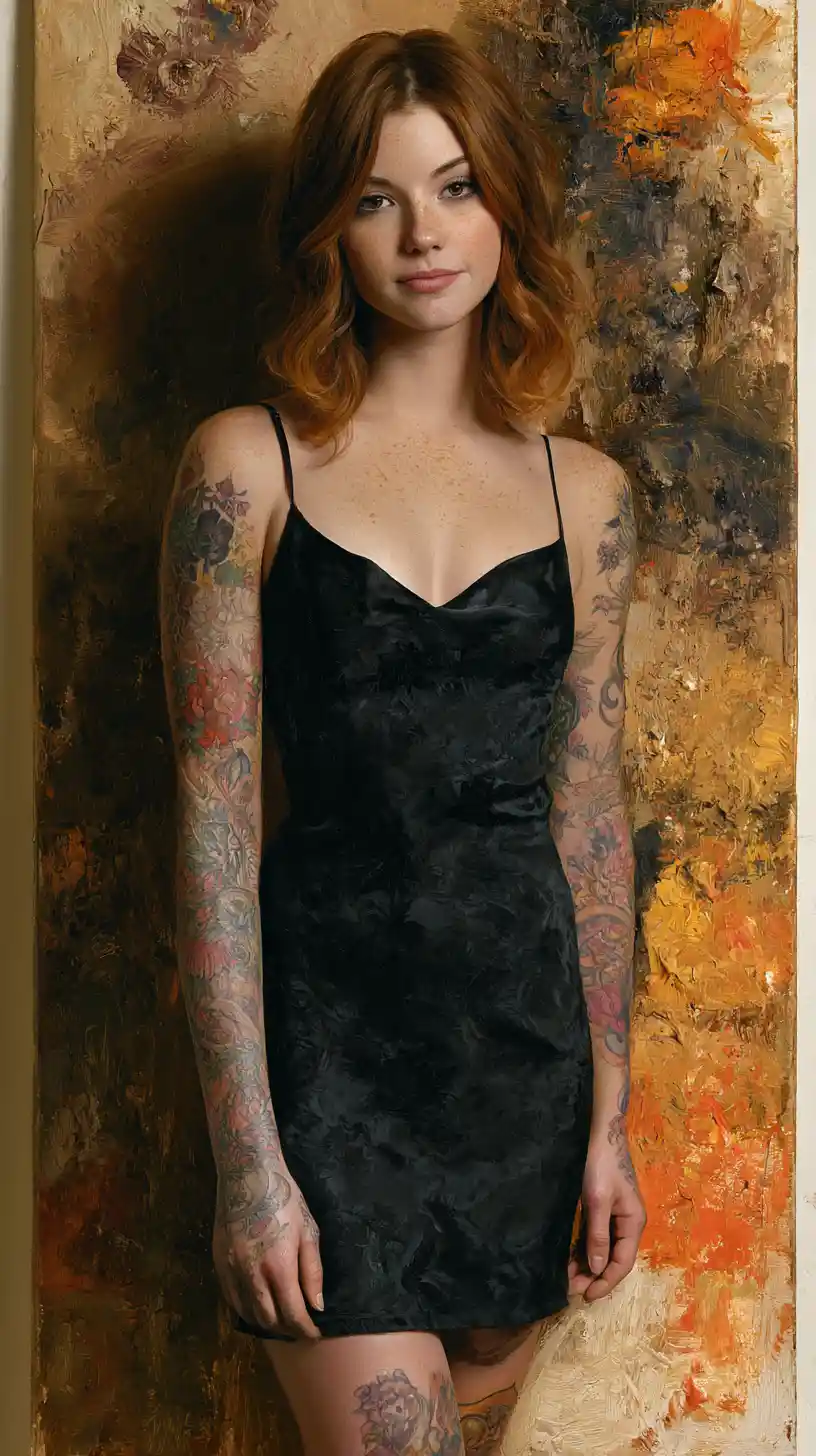 Tattooed woman in black dress in warm studio portrait