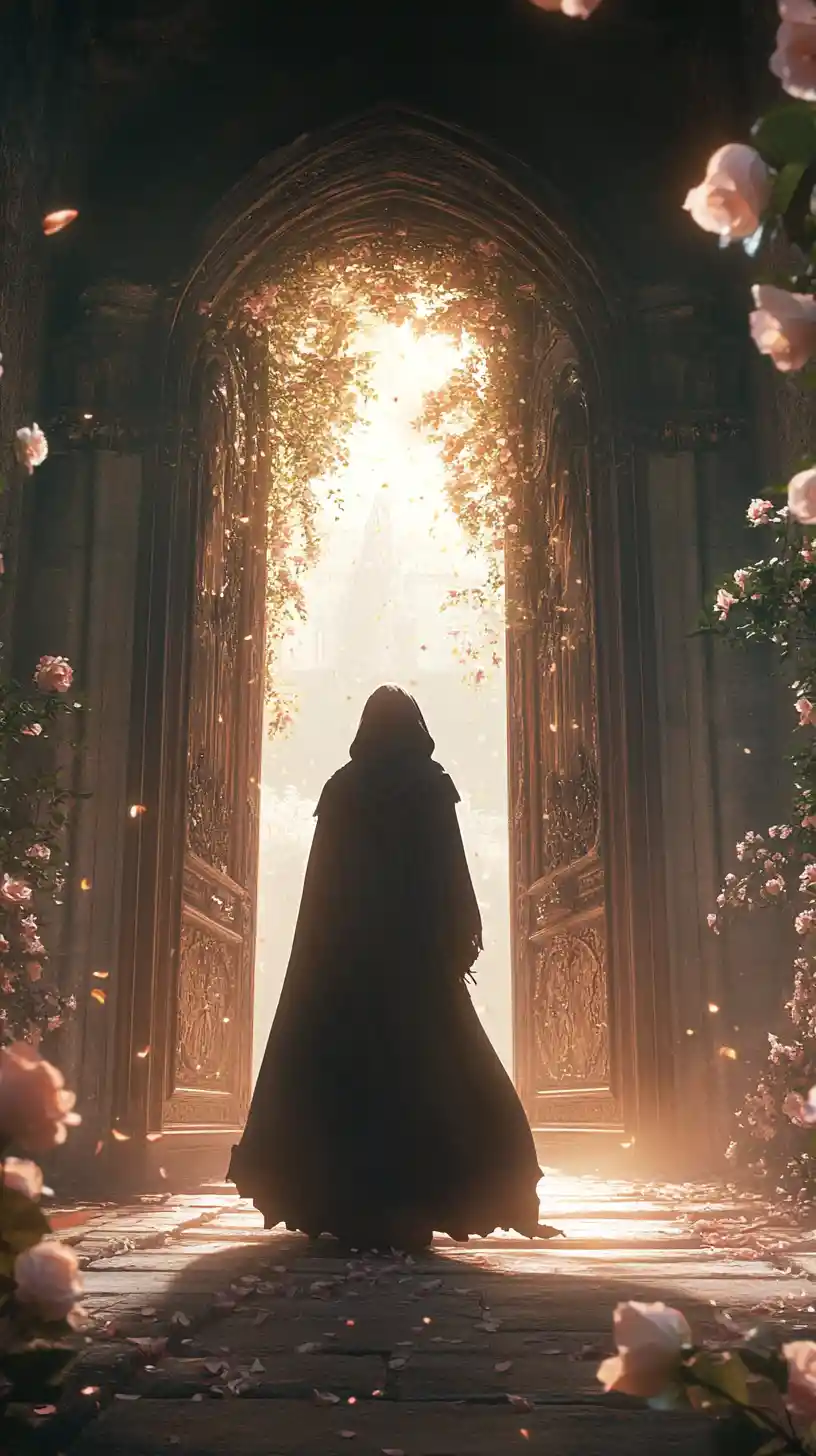 Woman In Hooded Gown Before Glowing Ornate Doors