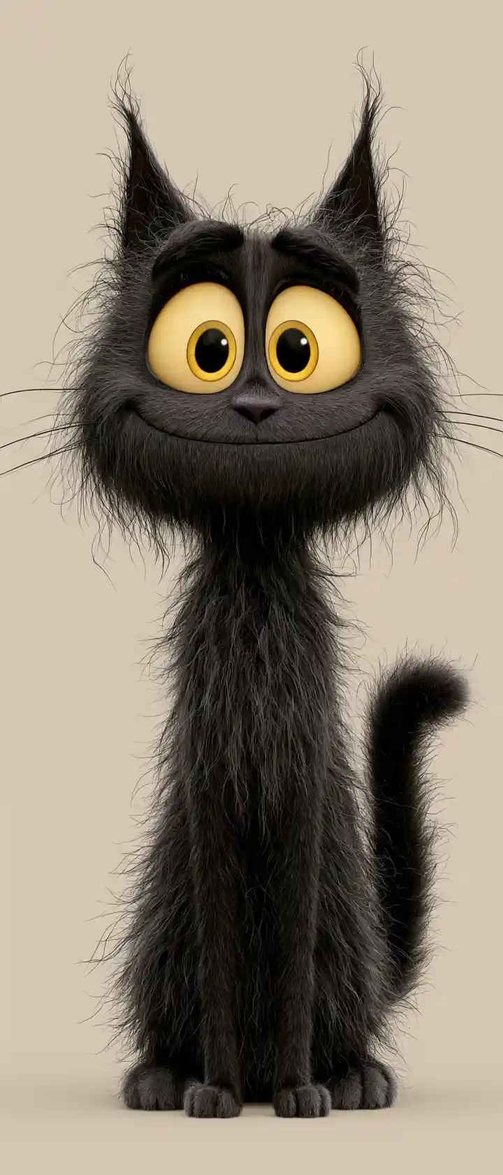 Playful black cartoon cat standing on a neutral background
