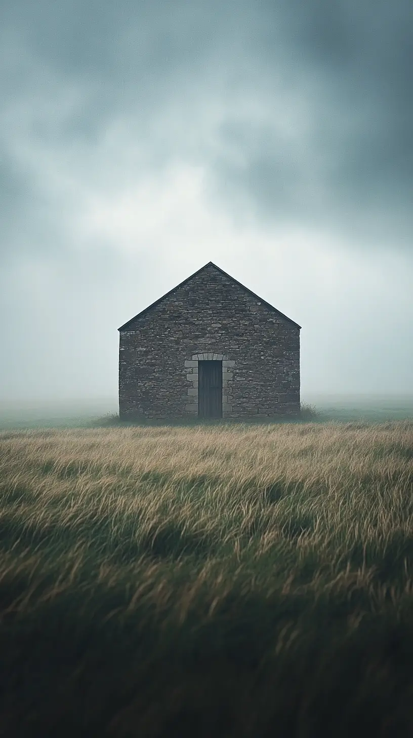 Foggy meadow with an abandoned stone chapel at dawn