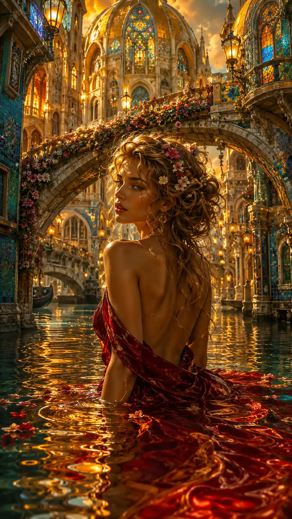 Woman In Crimson Gown Standing In Dreamlike Golden Canal