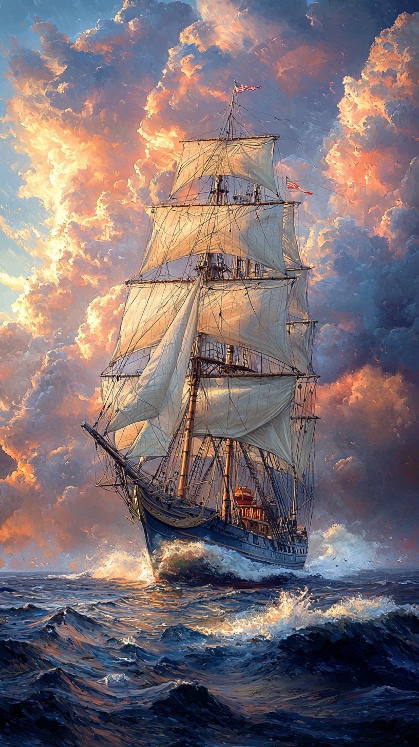 Tall sailing ship crossing turbulent sea under luminous sky