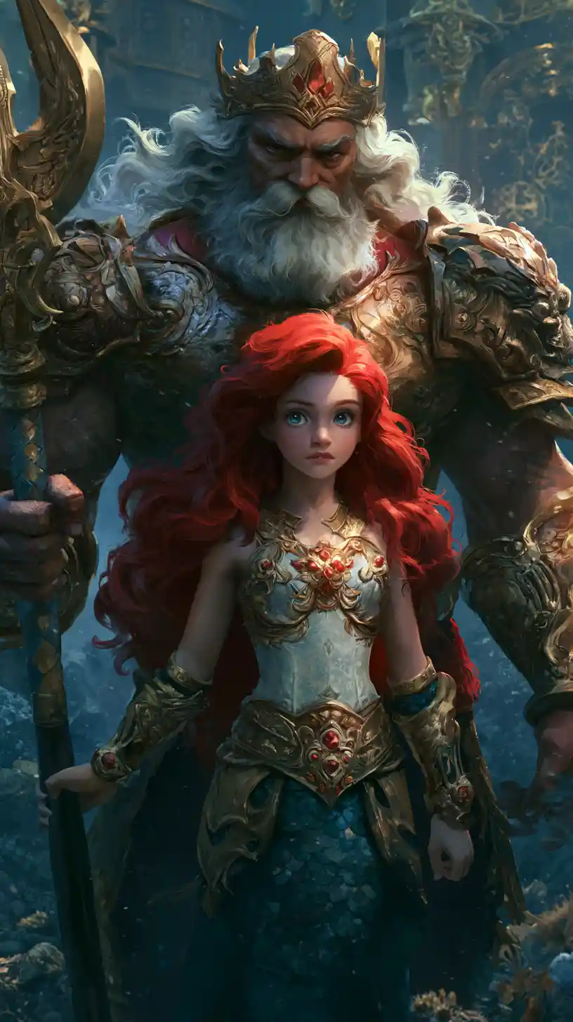 Young mermaid princess standing beside her powerful father