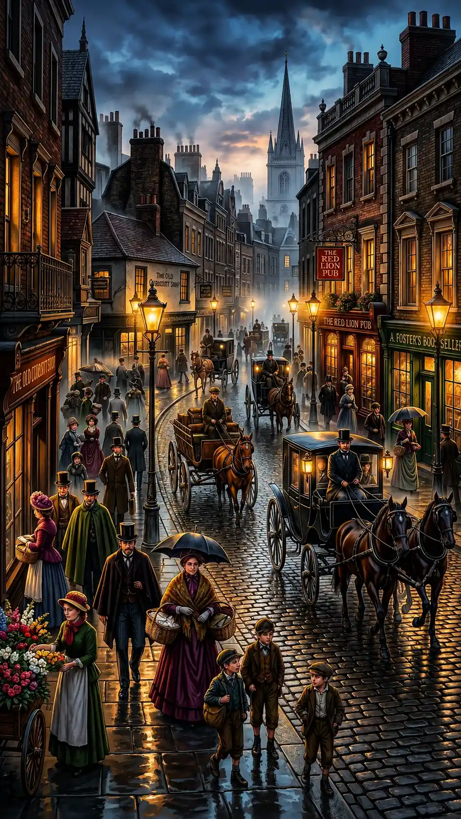 Victorian city street at dusk with glowing gas lamps
