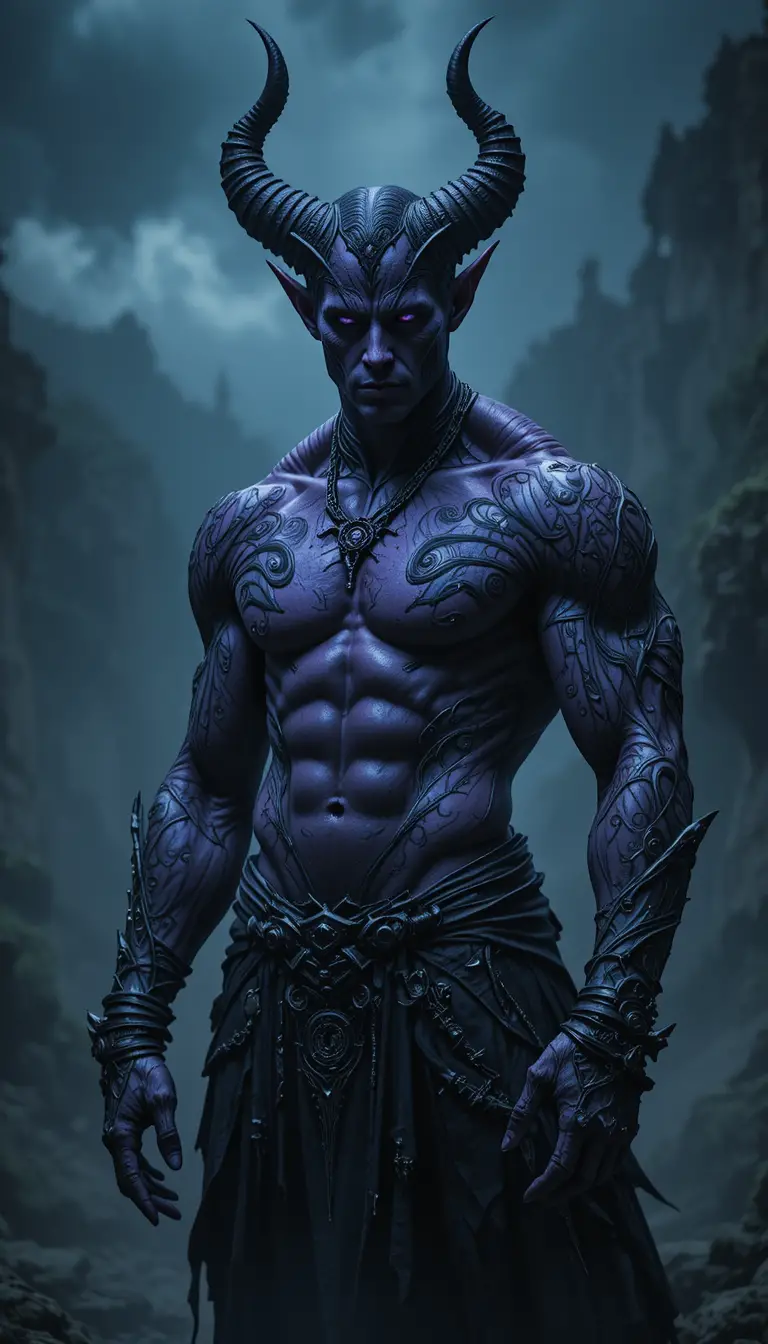 Muscular Purple Demon With Glowing Eyes In Stormy Darkness
