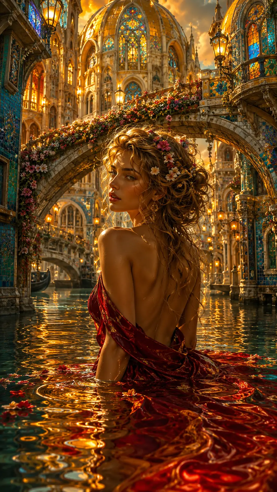 Donna in abito cremisi in un canale dorato da sogno