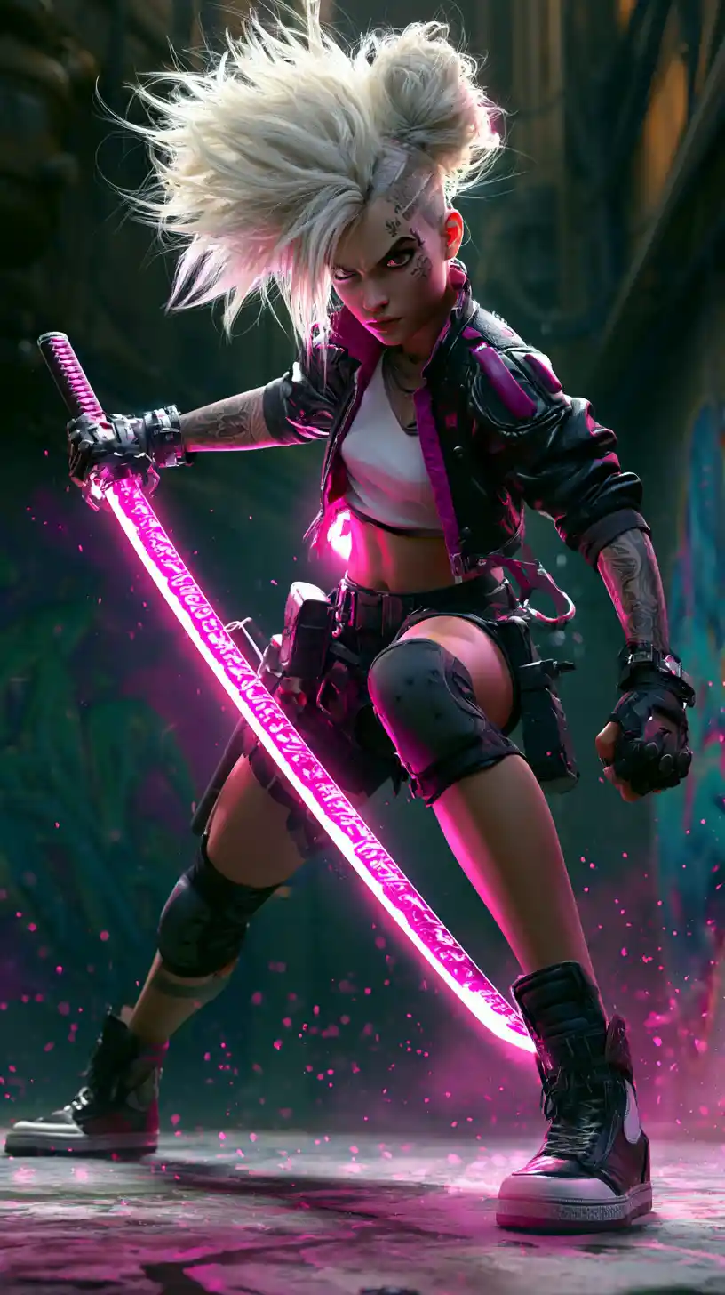 Cyberpunk warrior woman with glowing katana in alleyway