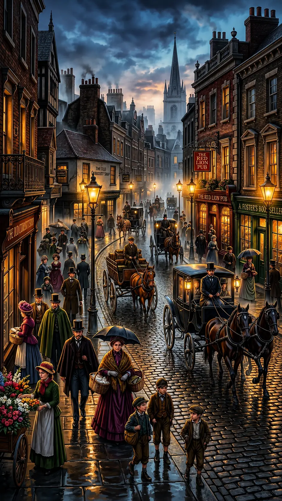 Victorian city street at dusk with glowing gas lamps