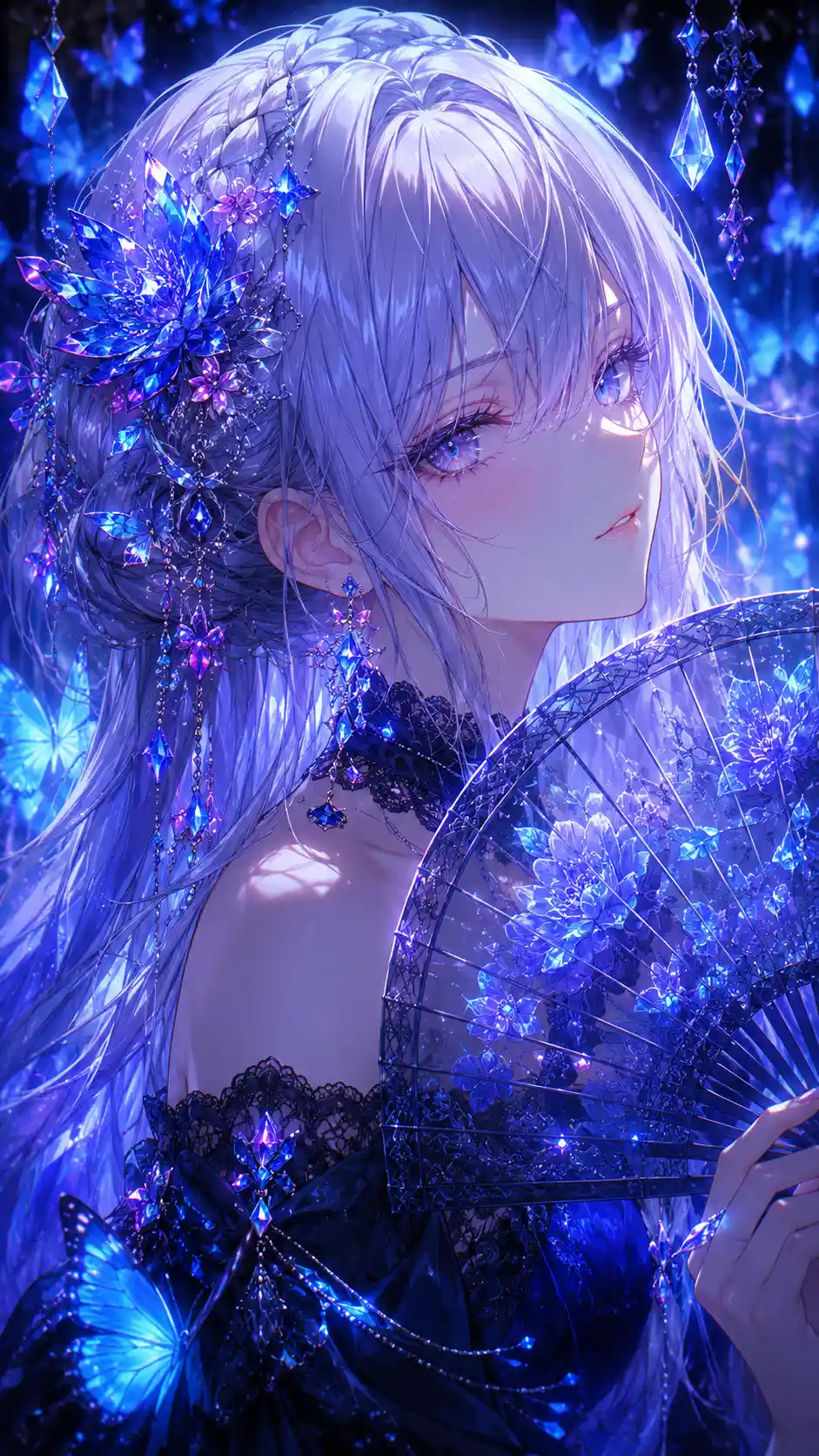 Elegant anime girl with crystal hair ornaments and fan