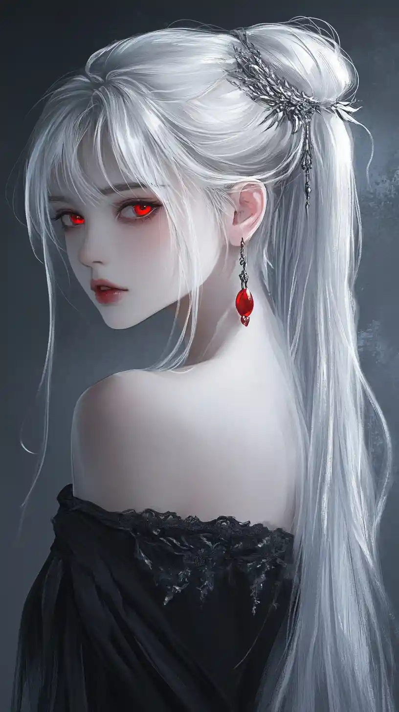 Anime girl with silver ponytail and glowing red eyes