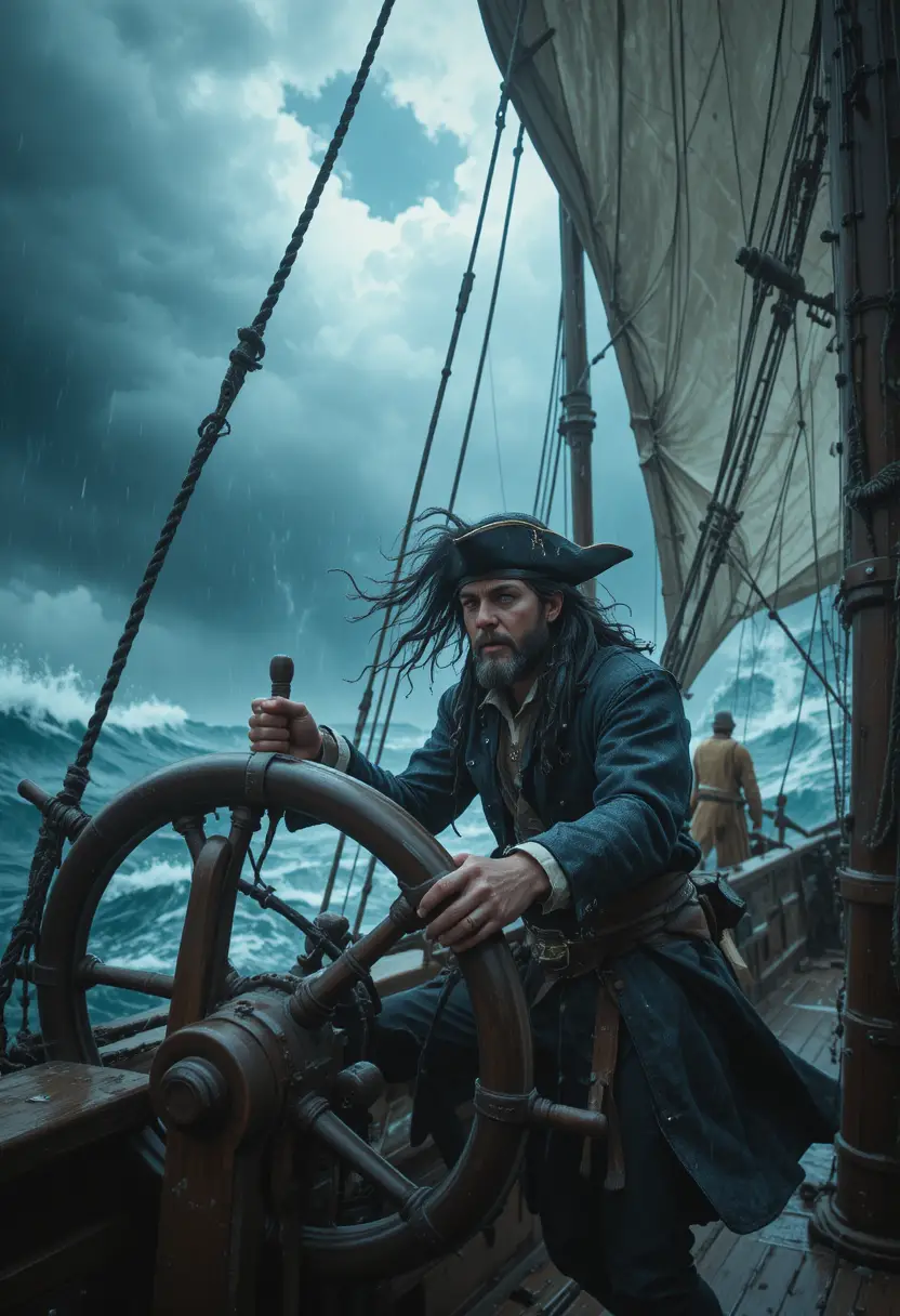 Pirate captain steering a storm tossed sailing ship at sea