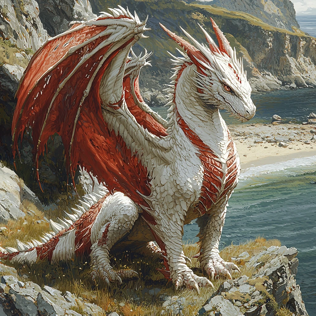Red and white dragon on a grassy mountain above the sea