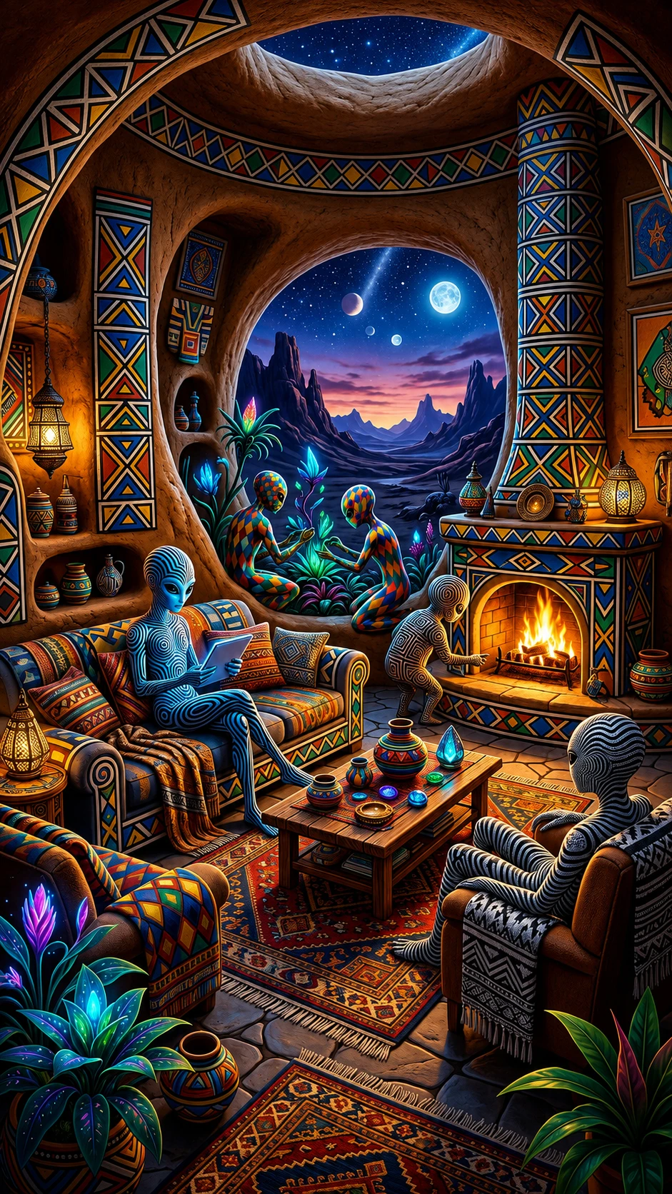 Colorful alien gathering in a patterned cozy living room